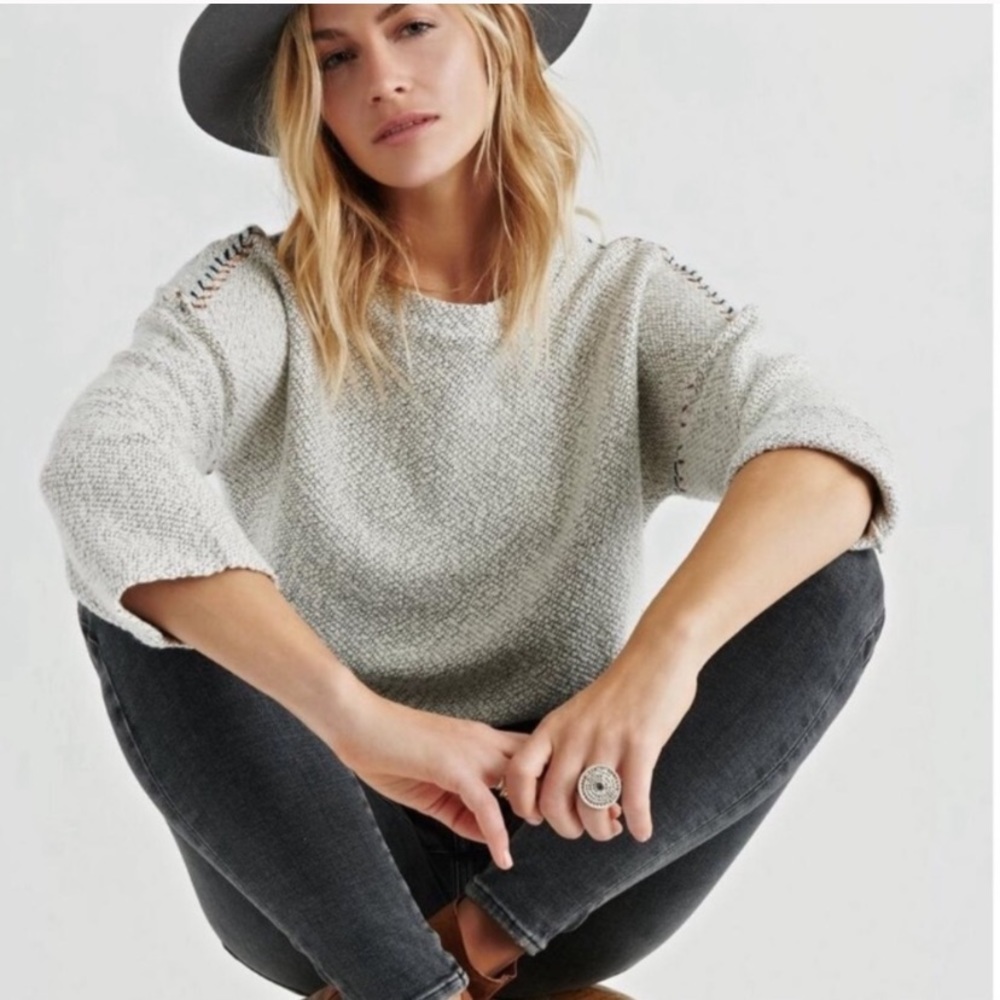lucky | metallic copper embroidered cozy knit pullover grey xs